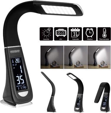 LED лампа Monzana з годинником, будильником, термометром та календарем, регульована яскравість, настільна лампа для дому та офісу (білий/чорний)