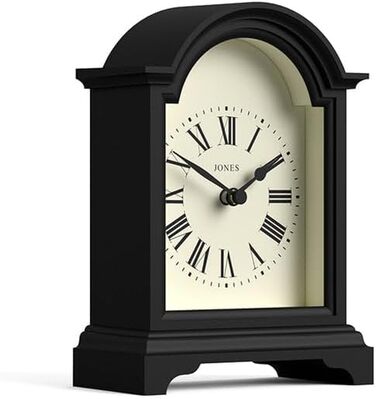 JONES CLOCKS® Bistro Table Clock | Classic Arch Design | White | Timeless Style for Desk, Table, Shelf, or Nightstand (Black)