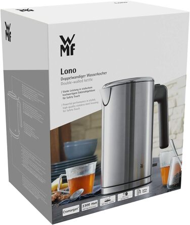 WMF Lono Double-Walled Stainless Steel 1.3L Electric Kettle with Scale Filter, 2400 Watts, Safety Touch, Matte Stainless Steel Single