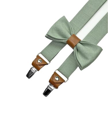 Набір чоловічих аксесуарів Leinen: краватка-метелик зі шкіри, підтяжки зі шкіри, нагрудна хустка, запонки - світло-зелений