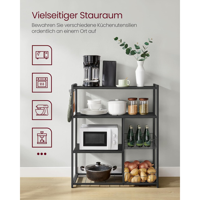 Стелаж кухонний VASAGLE з 2 металевими кошиками, з гачками та полицями, для мікрохвильової печі, 35 x 80 x 93,5 см, золотий дуб + білий (KKS096W09)