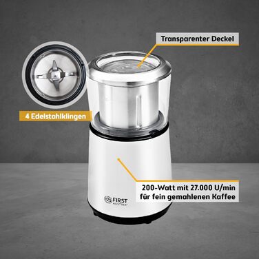 Електрична кавомолка TZS First Austria, 200W, 27000 об/хв, 4 леза з нержавіючої сталі, контейнер 50г, тиха, компактна, легка у чищенні, з котушкою для кабелю (біла)