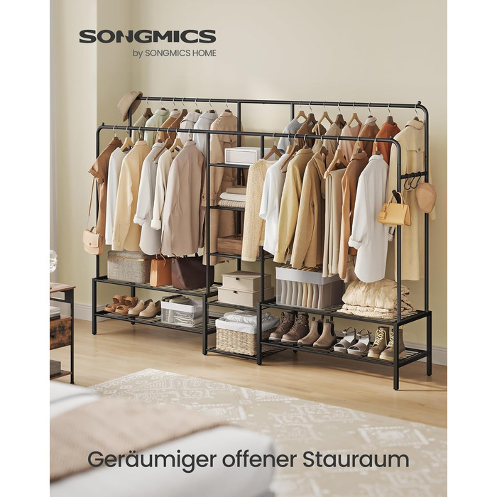 SONGMICS Стійка для одягу, відкрита шафа, вішалка для одягу з 7 полицями, металевий каркас, перекладина для одягу, для спальні, вітальні, передпокою, HSR182B01 (Чорний, 195 см)