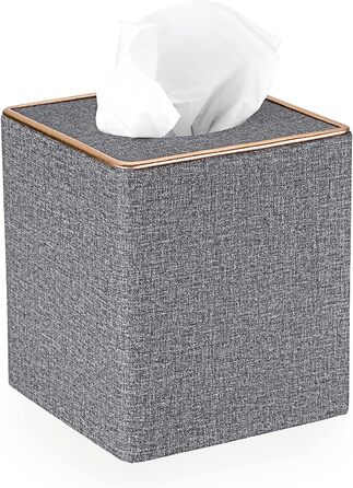 BTSKY Square Tissue Box Cover in Linen with Decorative Gold Line – Cube-Shaped Tissue Paper Holder, Tissue Storage, Organizer, Tissue Box Dispenser, Serviette Box, Gray