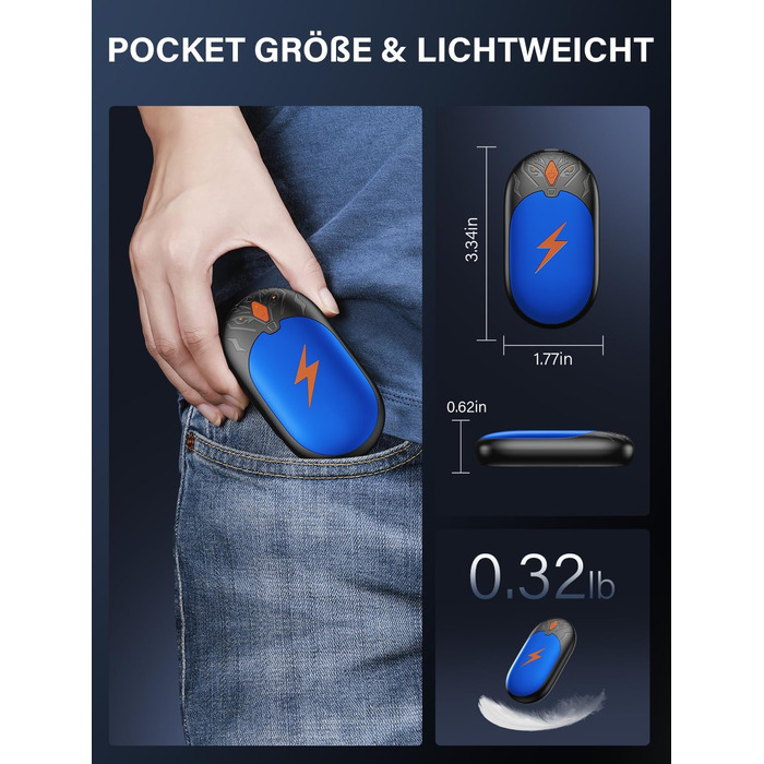 Електричні грілки для рук 2 шт., ультралегкі, перезаряджаються, портативні, 3 режими нагріву, до 24 годин, багаторазові USB грілки для рук для активного відпочинку взимку (блакитні)