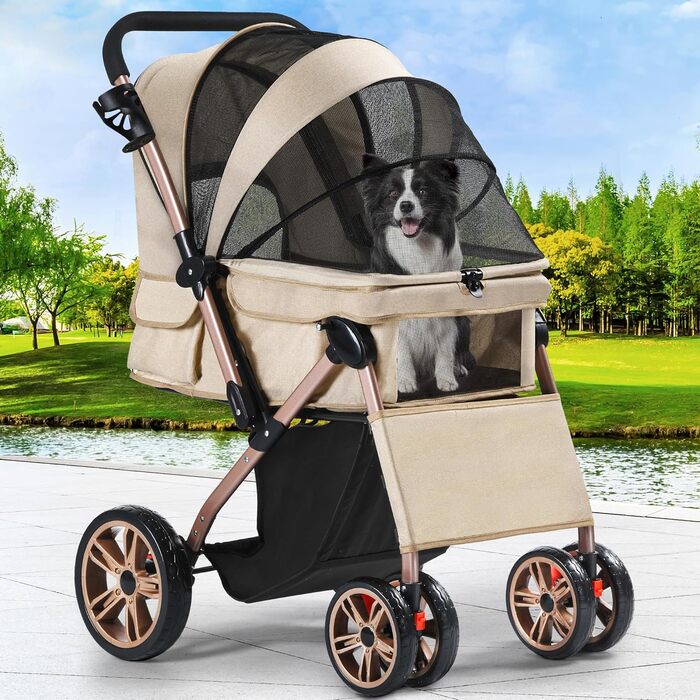 YITAHOME Buggy для собак та котів, складний, до 22 кг, з обертовим ручками, сітковими вікнами, тримачем для напоїв, EVA-колеса з гальмом (Бежевий)