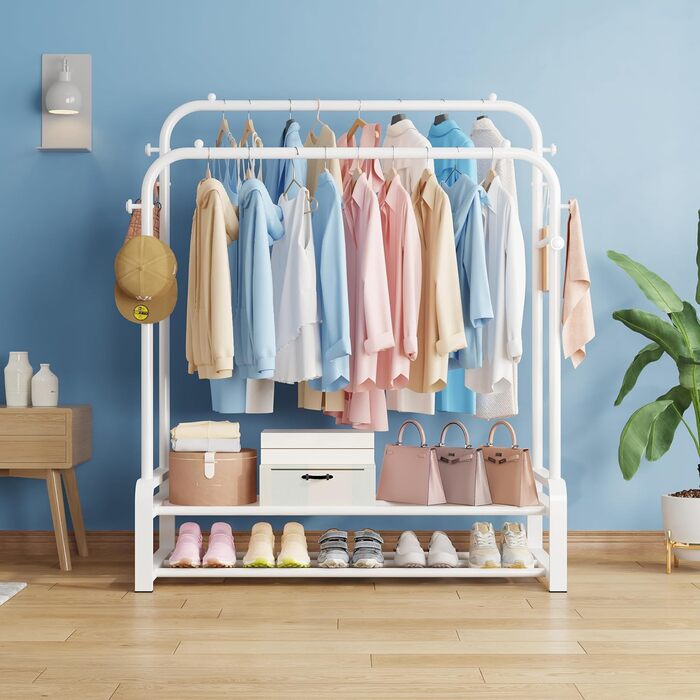Freestanding clothes rack with double rod design, clothes hangers, 8 hooks, and 2 shoe shelves - Multifunctional wardrobe stand in white for the bedroom