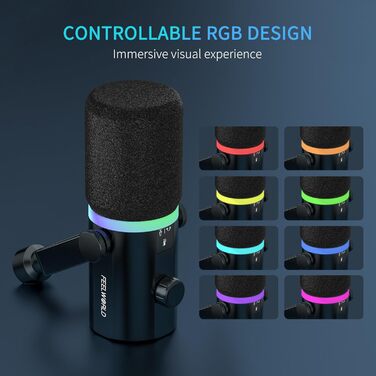 FEELWORLD PM1 Динамічний мікрофон XLR/USB з RGB-підсвічуванням для запису подкастів, геймінгу та YouTube. Комплект з підсвічуванням, навушником, підставкою та XLR-кабелем