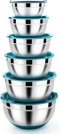 Mixing Bowl Set of 6, Homikit Stainless Steel Bowl Set, Salad Bowl with Airtight Lid & Non-Slip Silicone Bottom for Cooking/Baking/Serving, 4.6L/2.8L/2.5L/1.6L/1.2L/0.7L, Blue