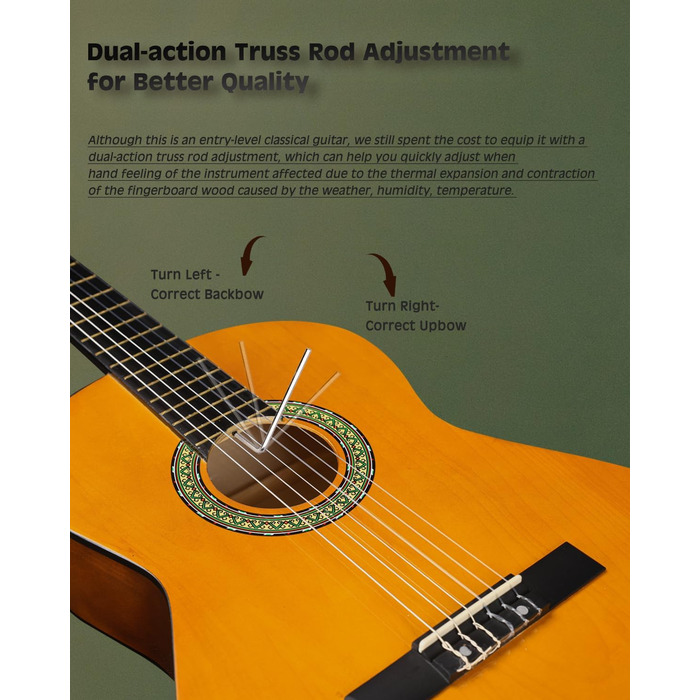 Кітара класична Winzz 4/4 для дорослих та дітей (від 11 років), набір для початківців, чорний глянцевий, 39 дюймів