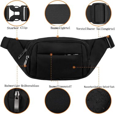 Чоловіча та жіноча поясна сумка-бананка на пояс з великою місткістю, чорна, для iPad mini та iPhone 12 Pro Max