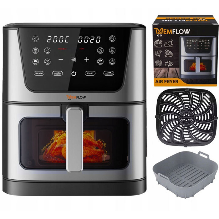 Аерофритюрниця MEMFLOW 8л, 1800 Вт, 14 програм, сенсорне керування, срібляста