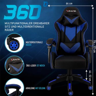 Ігрове крісло xRace Gaming: ергономічний офісний стілець з PU-шкіри та підтримкою попереку, синій (без підніжки)