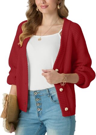 Жіночий в'язаний кардиган GRECEREE з V-подібним вирізом та ґудзиками, з кишенями (червоний, M)