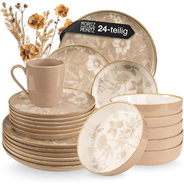 Набір посуду Moritz & Moritz Mariella SteinGut на 6 осіб (24 шт.) - Сучасний сервіз у бежевому кольорі з іграшковим дизайном, легкий у догляді, включає тарілки, чашки, миски та інше