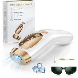 Пристрій для епіляції IPL з охолодженням, 9 рівнів потужності, 999900 імпульсів світла, безболісна епіляція вдома для обличчя, тіла, пахв та ніг (білий)