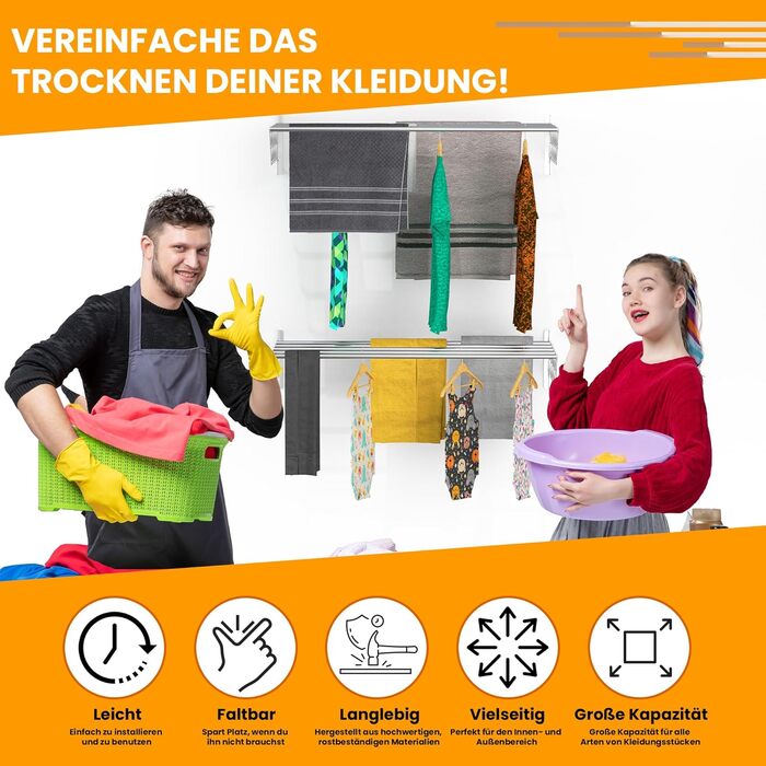 Настінна сушарка для білизни з нержавіючої сталі, висувна, 100 см, вантажопідйомність 25 кг
