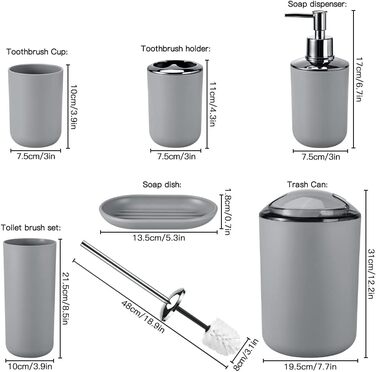 Набір аксесуарів для ванної кімнати Otostar сірого кольору: бамбук, тримач для ватних паличок, дозатор мила, тримач для зубних щіток, миска для мила, тримач для унітазу, сміттєвий бак, пластик (6 предметів)
