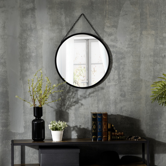 HOMCOM Wall Mirror Makeup Mirror Round Mirror Ø 50 cm with Decorative Mounting, Black Metal and Glass for Bathroom and Hallway