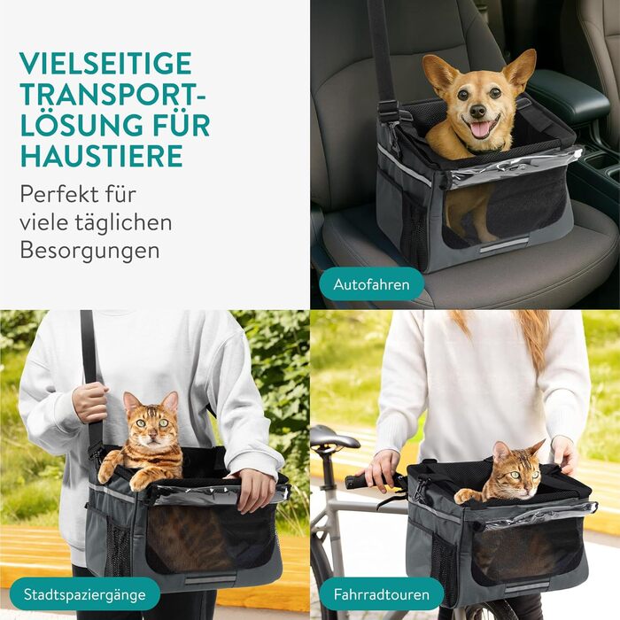 Корзина для собак Navaris на велосипед - сіра, до 10 кг, з додатковими кишенями