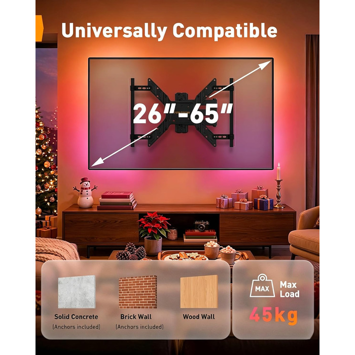 Кронштейн для ТБ Perlegear PGTVM79B поворотний та нахильний з LED-підсвіткою та синхронізацією з музикою, для телевізорів 25-65 дюймів (до 45 кг), VESA 400x400мм