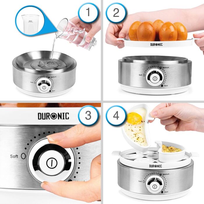 Електричний яйцеварка Duronic EB27 WE: для 1-7 яєць, регулювання ступеня готовності, таймер, захист від перегріву, мірна склянка та знімач яєць