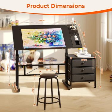 Adjustable Drafting Table with Tilt & Height - Drawing & Computer Desk with Stool & Storage - Wood Finish (Black + Storage Cabinet)