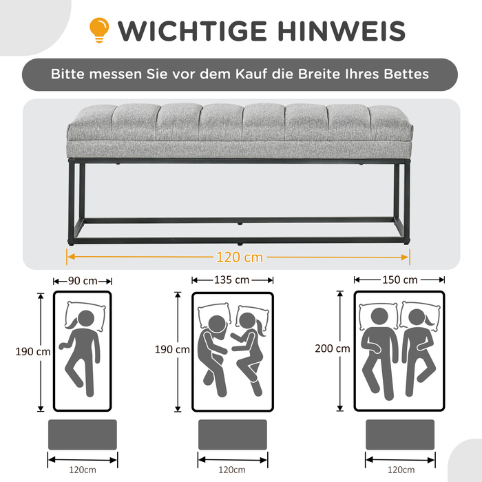 HOMCOM Bench with Linen Look Upholstered Bench for Bedroom, Bed Bench, Dressing Bench up to 200 kg, Steel, Light Grey, 120x44x45.5 cm