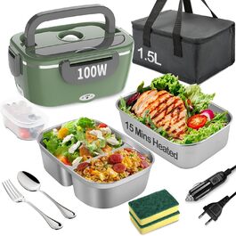 Електричний ланчбокс 100W, 3-в-1, 1,5 л, з нержавіючої сталі, портативний підігрівач їжі для авто, вантажівки та офісу, ізольований, зелено-сірий