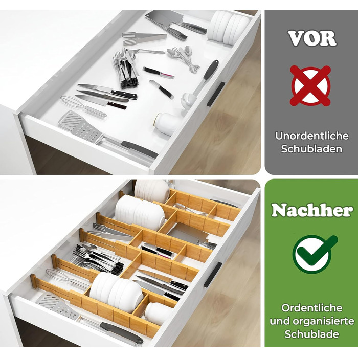 ABSOFINE Adjustable Drawer Dividers (43-56CM), 6 Pack Drawer Organizers with Inserts, Stackable Non-Slip Drawer Dividers for Kitchen, Closet, Dresser, Office, Bedroom