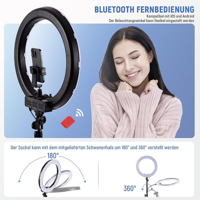 NEEWER Кольцеве світло 50 см (20 дюймів) LED з триподом та тримачем для телефону, 44 Вт, 3200K-5600K, з акумулятором, USB, для макіяжу, тату, вій, YouTube, TikTok, відеозйомки (RL-18)