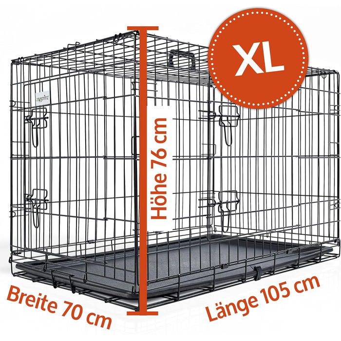 Складана переносна собача будка ZooPrintz з міцного металу – клітка для собак з 2 дверцятами, піддон, ручка для транспортування, 4 розміри (107x70x77,5 см)