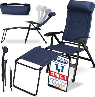 ELONEO Folding Camping Chair with Removable Footrest, Folding Chair made of Aluminum, Folding Garden Chair, Reclining Chair with Adjustable Backrest, Camping Chair (Folding Chair with Footrest (with Premium Cushion), Blue)