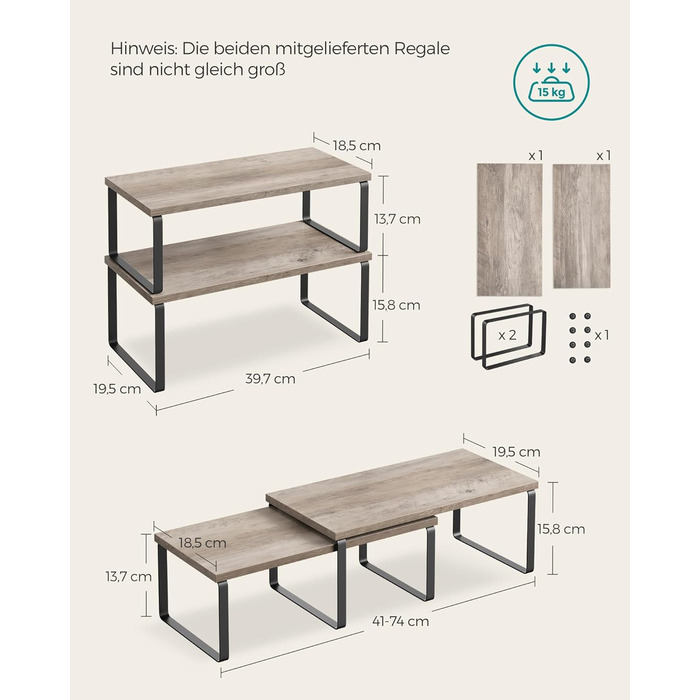 SONGMICS Spice Rack, 4-Piece Set, Kitchen Shelf, Kitchen Organizer, Expandable, Spice Holder, Stackable, with Metal Frame, 19.5 x 29.7 x 15.8 cm, Ink Black + Natural Beige KCS10NB (Ink Black + Greige Melange, 39.7B cm)