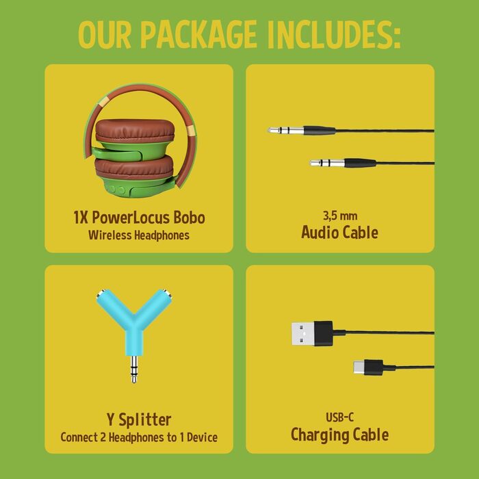 Дитячі навушники PowerLocus Bobo Bluetooth з LED-підсвічуванням та обмеженням гучності, Over-Ear, з мікрофоном для дітей, сумісні з телефоном/планшетом, для подорожей
