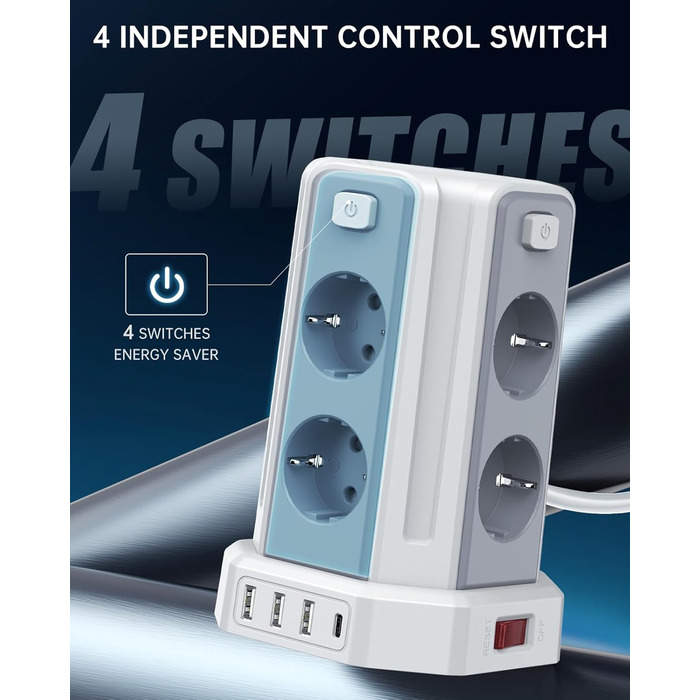 Многорозеткова мережева панель Sameriver з 4 USB, захист від перенапруги, з вимикачем, 8 розеток, 5 м, біла