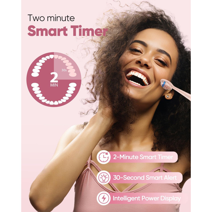 Електрична зубна щітка MySmile DY156 для дорослих: акумуляторна звукова щітка з 3 насадками, таймер 2 хвилини, 5 режимів, 45000 вібрацій на хвилину, 60 днів роботи від однієї зарядки (рожевий)