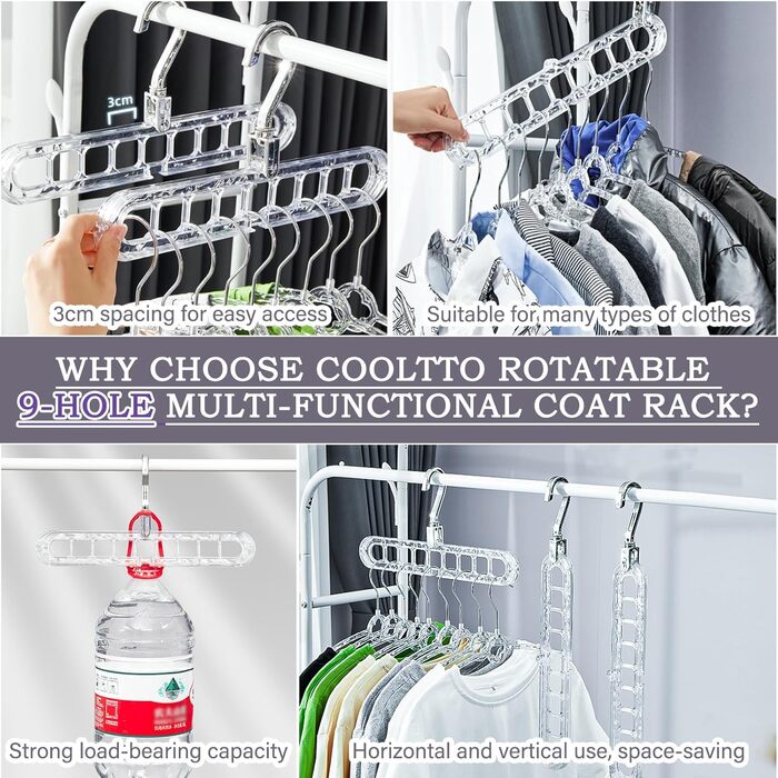 Набір з 5 компактних вішалок Cooltto 9-в-1: обертання 360°, антиковзаючі, з PET, для подорожей, органайзер для шафи, прозорі