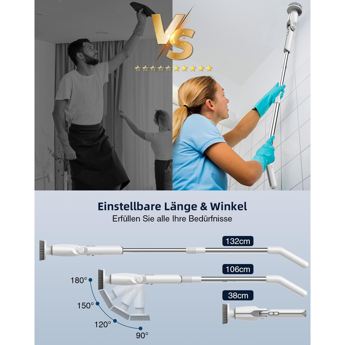 Leebein Electric Cleaning Brush, 2024 New Spin Scrubber with 8 Interchangeable Brush Heads, Remote Control, Adjustable Long Handle 38-132CM & 2 Speeds and for Bathroom/Kitchen