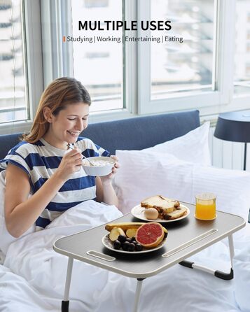 Складаний столик для ноутбука, портативний столик на колінах, приліжковий столик, підставка для ноутбука з тримачем для напоїв та слотом для планшета, чорний