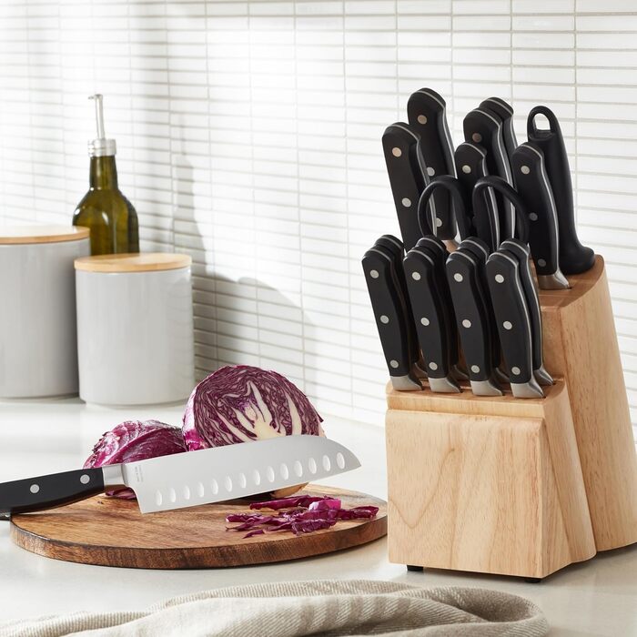 Amazon Basics Premium Knife Block Set, 9-Piece, Black - Includes 18 Knives