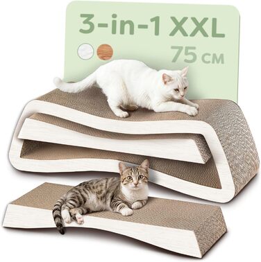Кігтеточка для котів 3 в 1 XXL, 75 см – Міцний картон для догляду за кігтями, до 2 років використання, економія місця, захист меблів (Mountain), білий