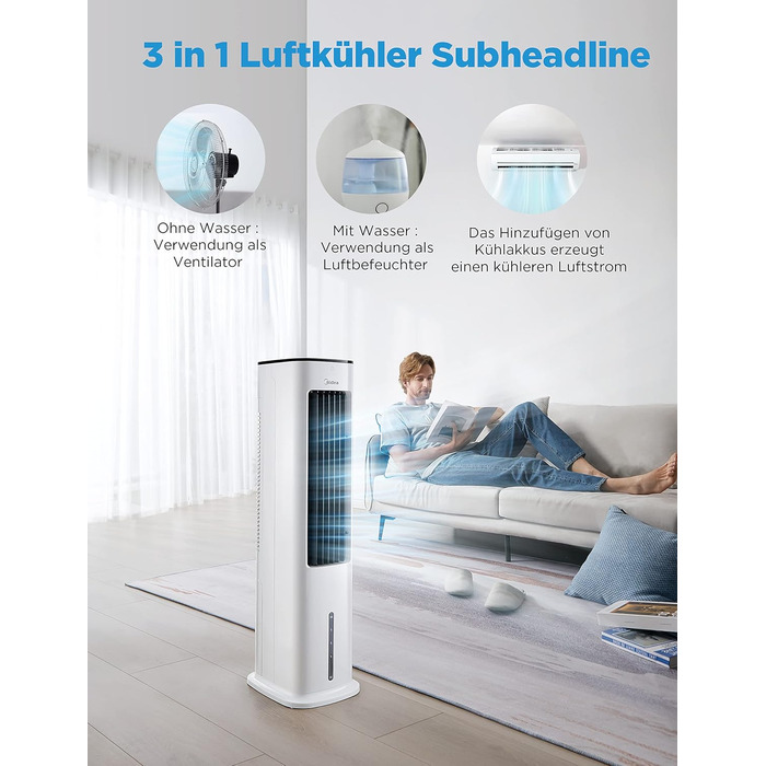 Midea 4-in-1 Portable Air Conditioner, Tower Fan with Water Cooling & Humidifier - Mobile Air Cooler with 5L Water Tank, 355m³/h Airflow, Ionizer, Remote Control (55W, White)