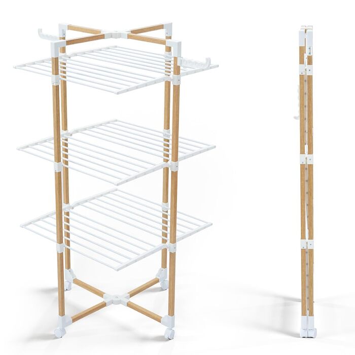 Сушарка для білизни VOUNOT Tower 3 рівні, складана, біла, з колесами - 25м, імітація дерева