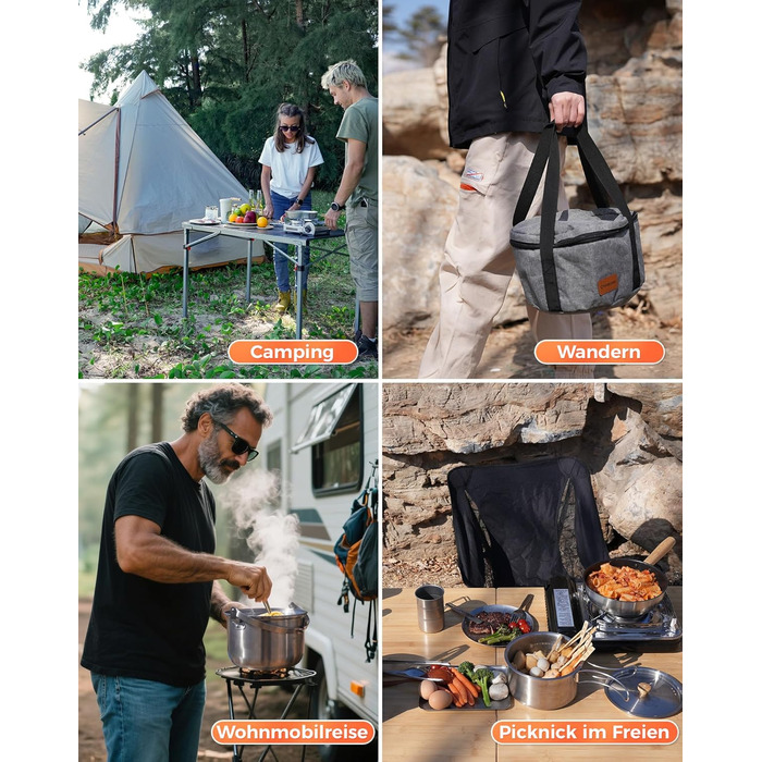 Набір посуду для кемпінгу KingCamp з кошиком, нержавіюча сталь, антипригарне покриття, 4-х частинний набір + чайник