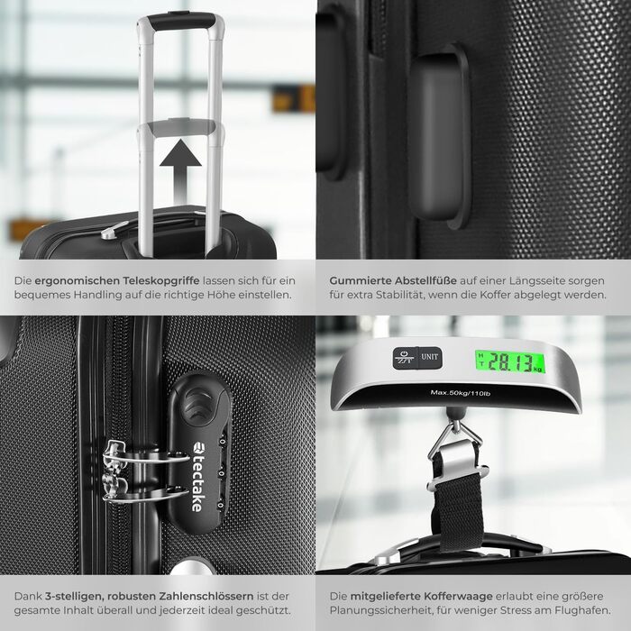 Набір валіз Tectake 3шт з ваговою та білгетом, M-L-XL, ABS, телескопічна ручка, чорний
