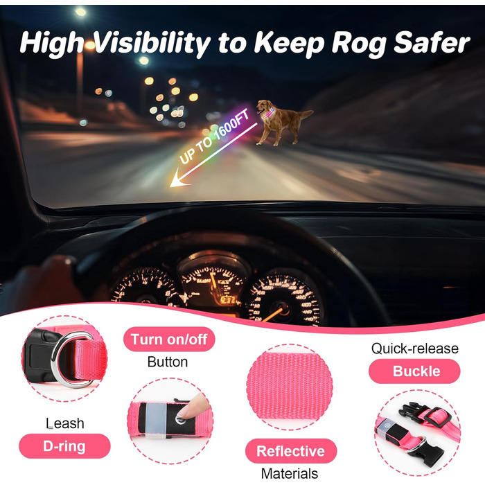 Світлодіодна нашийник для собак Feycig - USB зарядка, водонепроникний, 3 режими, регульований (L, рожевий, 28-40см)