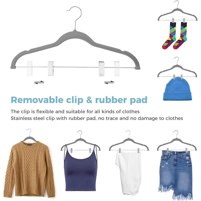 Вело Преміум плюшеві вішалки для одягу з металевими кліпсами, антиковзні та економні, з 1 магічною вішалкою та 2 тримачами для краваток, ідеальні для жінок та чоловіків, 20 шт. (20-PACK, Сірий)