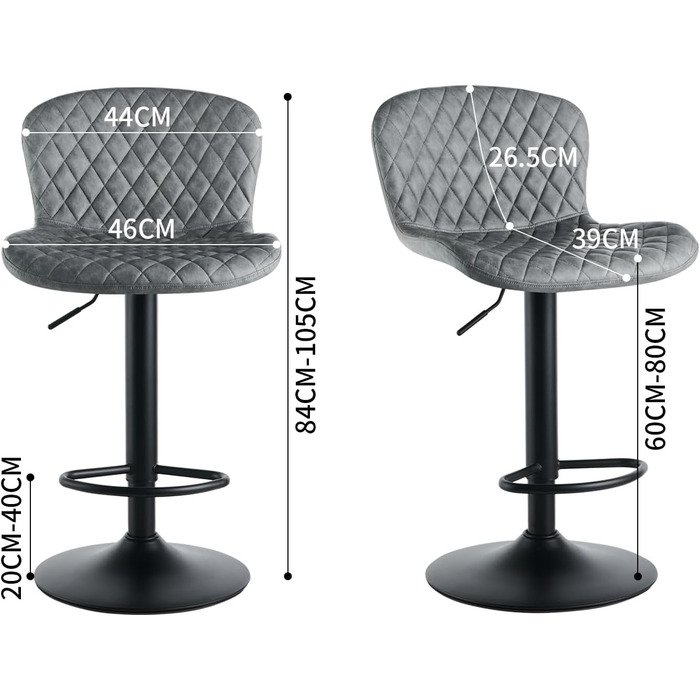 JaHECOME Faux Leather Bar Stools 2-Pack - Adjustable Height, 360° Swivel, Padded Seat - Perfect for Bar, Kitchen, Bistro, Counter, Dining Room & Cafe (PU Grey)