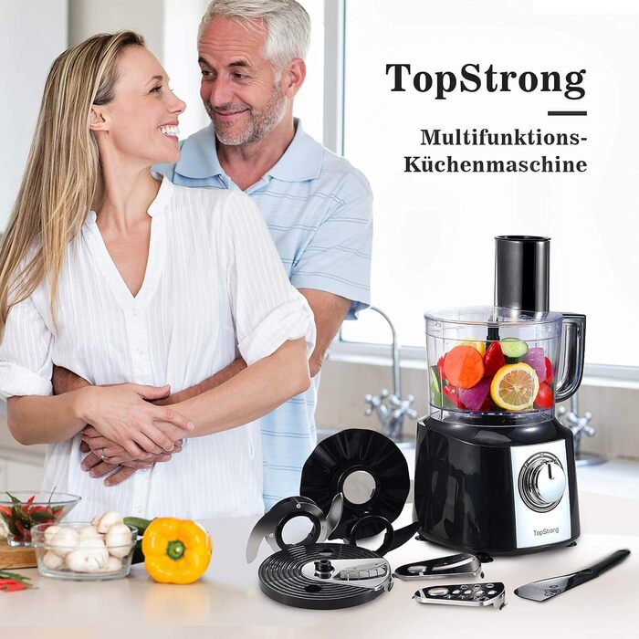 TopStrong кухонний комбайн 800 Вт, подрібнювач, 2 л, компактний фуд-процесор з 3 насадками, місильна та збивальна машина, чорний і сріблястий